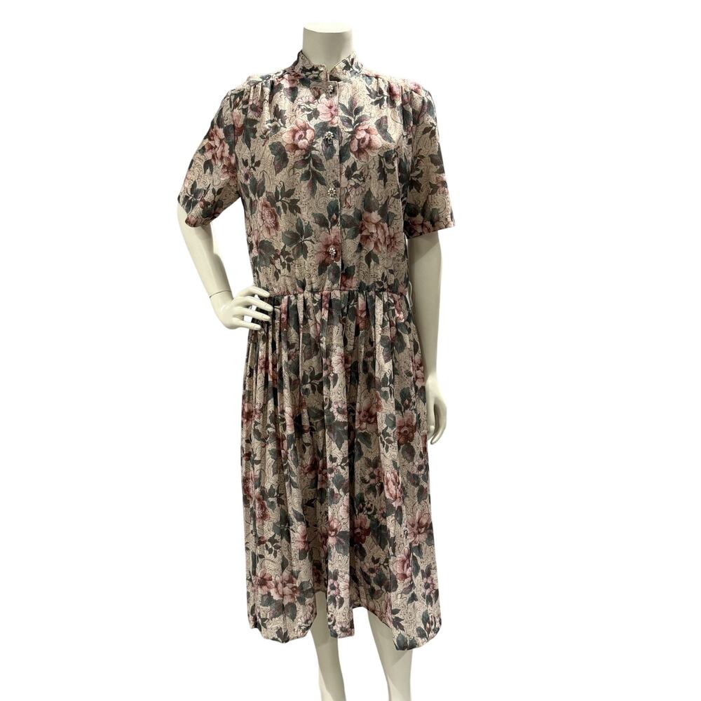 Vintage California Looks Secretary Lightweight Polyester Dress Tan Floral